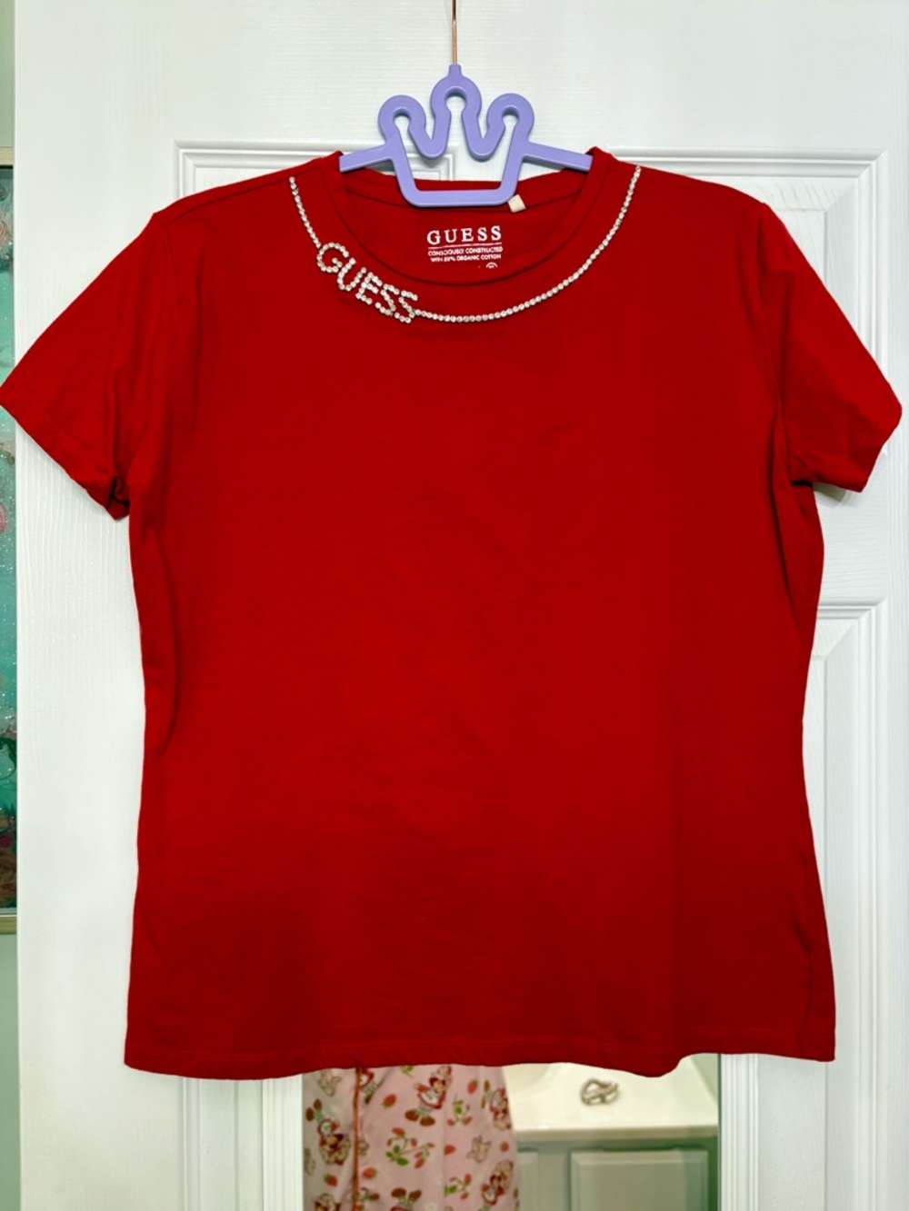 GUESS Red Short-Sleeve Tee with Crystal Logo Neckline